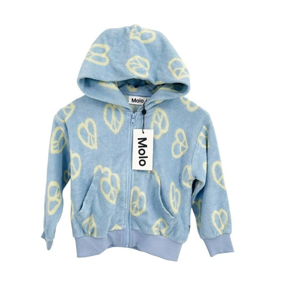 Molo Girls Size 3 Blue Terry Hoodie with Heart Shaped Peace Sign Print - Picture 1 of 9